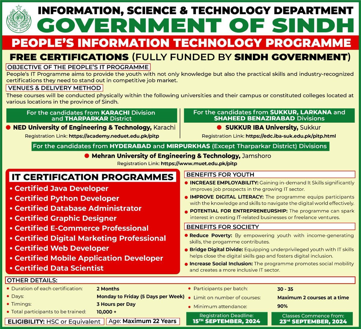 The People's Information Technology Programme, initiated by the Information, Science &amp; Technology Department, Government of Sindh, aims to equip youth with essential knowledge, practical skills, and industry-recognized certifications. This initiative is designed to enhance