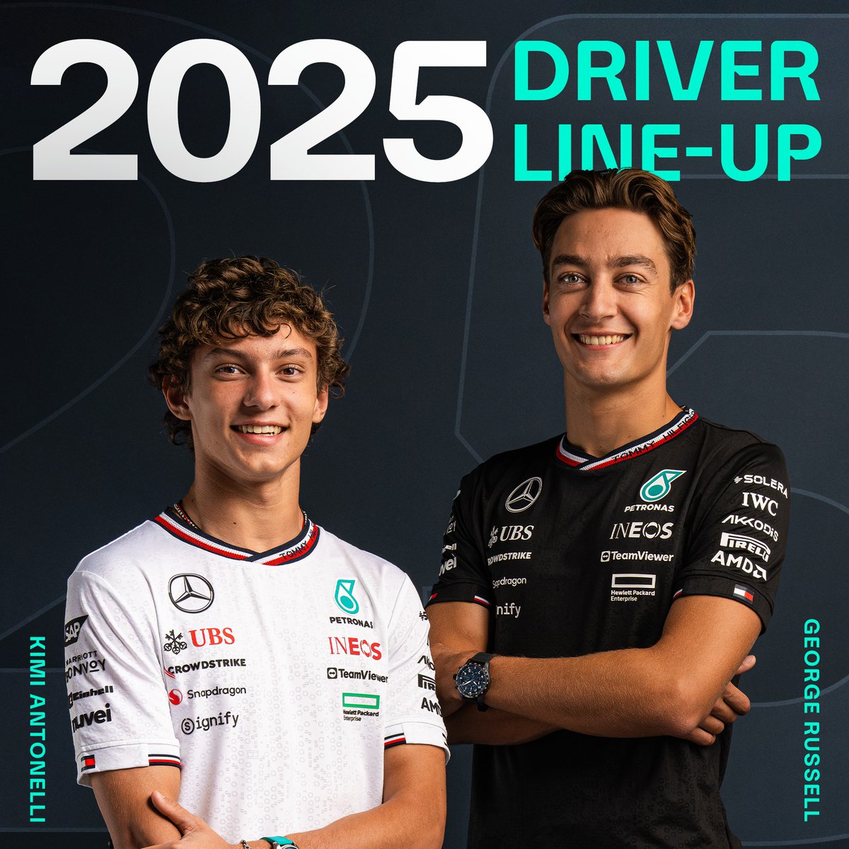 MercedesAMGF1's tweet photo. Our 2025 F1 driver line-up confirmed ✅

Kimi Antonelli will race alongside George Russell next season 👊