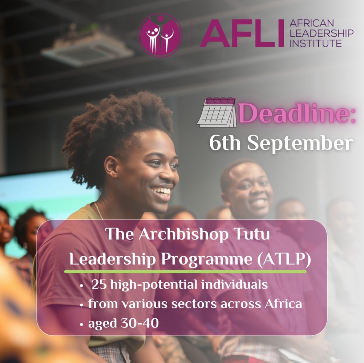 opportunitiesfy's tweet photo. ✨ Are you between the ages of 30 and 40 with a passion for ethical leadership and positive change in Africa? 

🚀Don't miss the opportunity to join the Archbishop Tutu Leadership Programme.

Apply by 6th September 👉 https://t.co/BPEAW4fdPc

 #ALI #ATLP #LeadershipDevelopment https://t.co/HM7A3Oxh7i