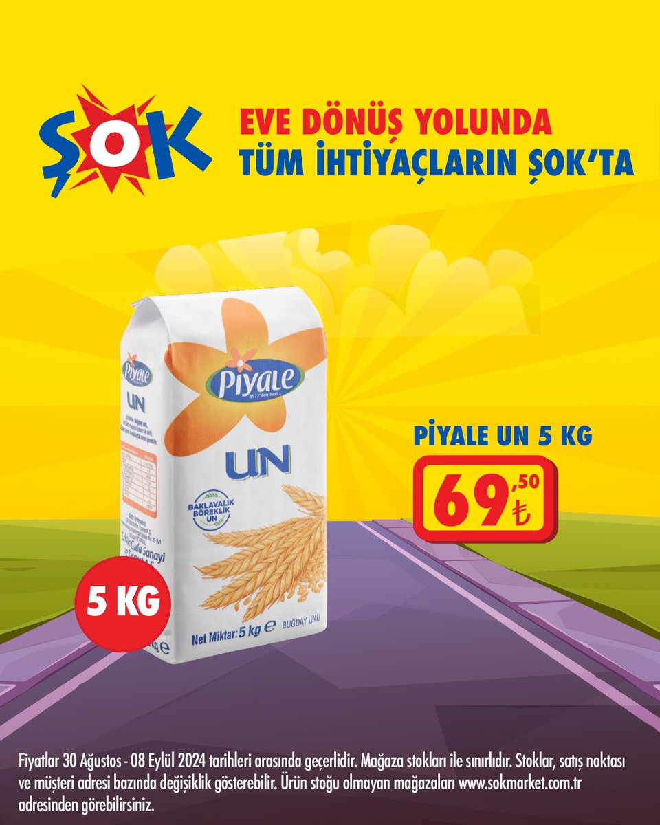 SokMarketler's tweet photo. Eve dönüş yolunda tüm ihtiyaçların #ŞOK’ta! 💛
Piyale un 5 KG #ŞOKUcuz fiyatıyla hem #ŞOK’ta hem de #CepteŞOK’ta! 🤩
#BackToCity
https://t.co/aWD7W052mo https://t.co/PuRkuRfsiK