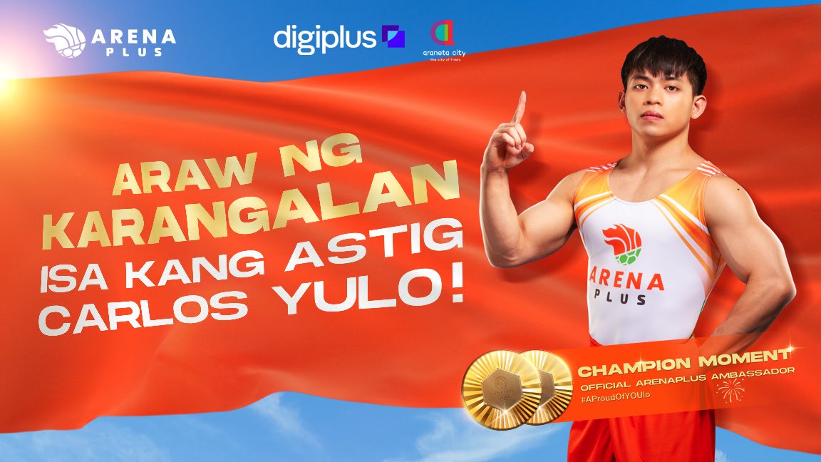 arenaplusph's tweet photo. Ngayon araw ang itinakda para kay Carlos Yulo!
Isang buong araw ng karangalan para sa 2x Gold Olympic Medalist!
Maki-isa mga ka-astig!
#AProudOfYOUlo #LifeAtDigiPlus #ArenaPlus #AstigSaSports https://t.co/JRtwy6QdCp