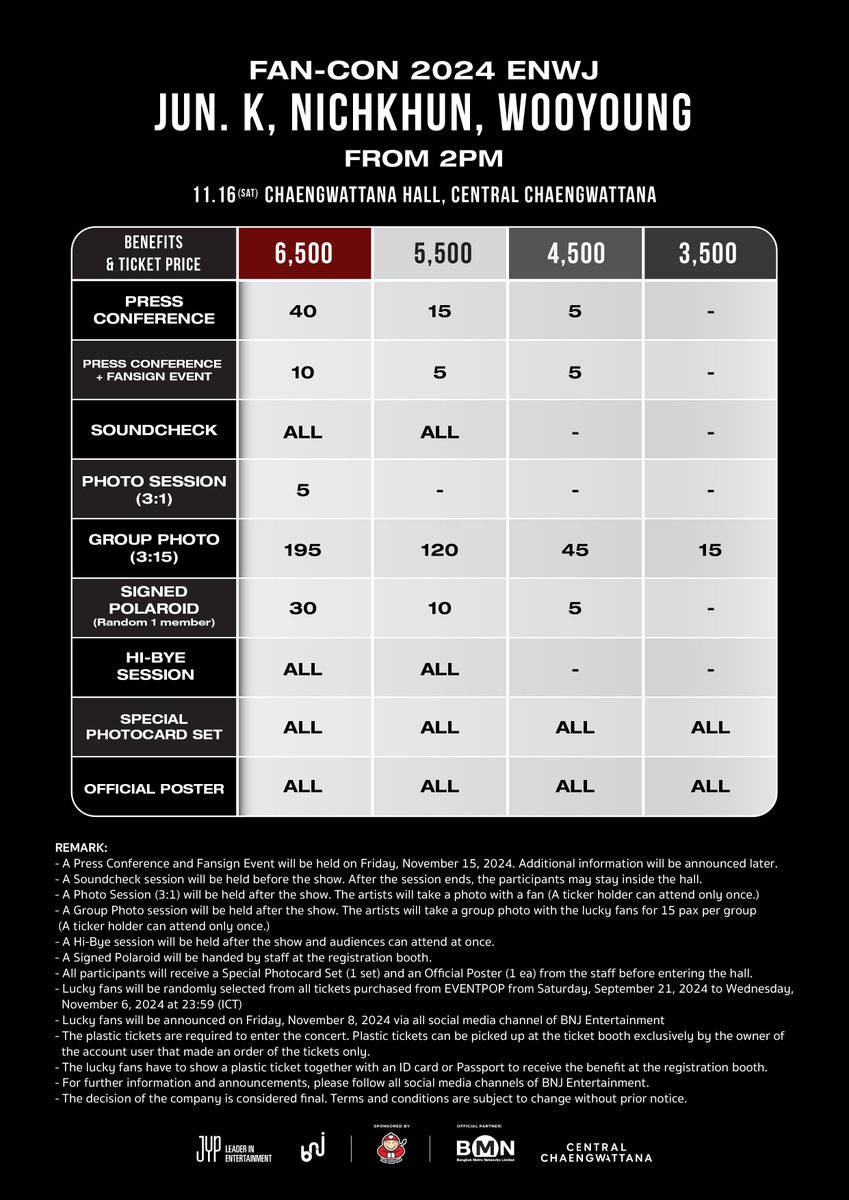 [🙌🏻]

ประกาศผังที่นั่ง ราคาบัตร และสิทธิพิเศษสำหรับผู้ซื้อบัตร งาน
“JUN. K, NICHKHUN, WOOYOUNG (From 2PM) Fan-Con 2024 [ENWJ] in Bangkok”

📅 วันเสาร์ที่ 16 พ.ย. 67
🕖 18:00 น.
📍 แจ้งวัฒนะ ฮอลล์  ศูนย์การค้าเซ็นทรัล แจ้งวัฒนะ
🎫 เปิดจำหน่ายบัตรวันเสาร์ที่ 21 ก.ย. 67 ตั้งแต่เวลา