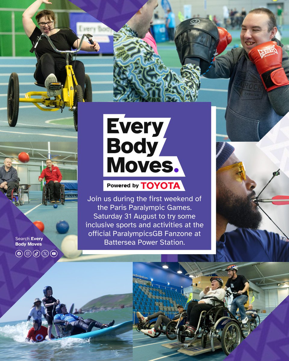 Today’s the day! 🤩

Come and try out some inclusive sports down at Battersea Power Station between 10am-4pm.

#EveryBodyMoves #MoveYourWay
<a href="/ParalympicsGB/">ParalympicsGB</a> <a href="/ToyotaUK/">ToyotaUK</a> <a href="/OceanOutdoorUK/">Ocean Outdoor UK</a> <a href="/BatterseaPwrStn/">Battersea Power Station</a>