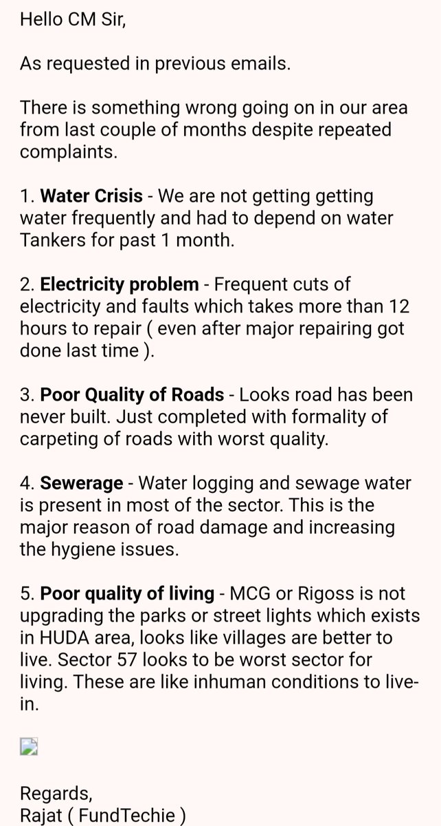 FundTechie's tweet photo. @cmohry @PMOIndia @cmohry @PMOIndia 
Dear Sir, Replied on the above given email id as well to bring notice of our area Sector 57 Gurgaon issues which are being ignored from last so many years by Rigoss or MCG teams.
@MunCorpGurugram @OfficialGMDA https://t.co/ZrRzQXzXV7
