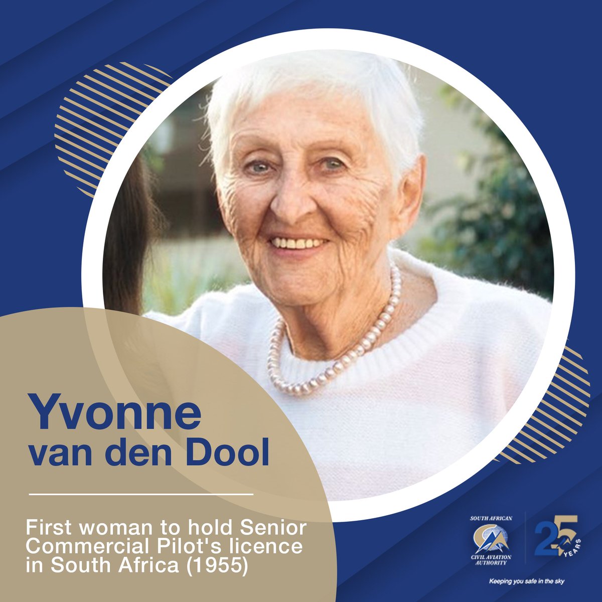 OfficialSACAA's tweet photo. Ms. Yvonne van den Dool made history as the first South African woman to hold a Senior Commercial Pilot's license in 1955. Her legacy inspires us to celebrate women in aviation and encourage young girls to reach for the stars. 
#WomensMonth 
#SouthAfricanWomen
#SheFlies https://t.co/MPjmXEmMVm