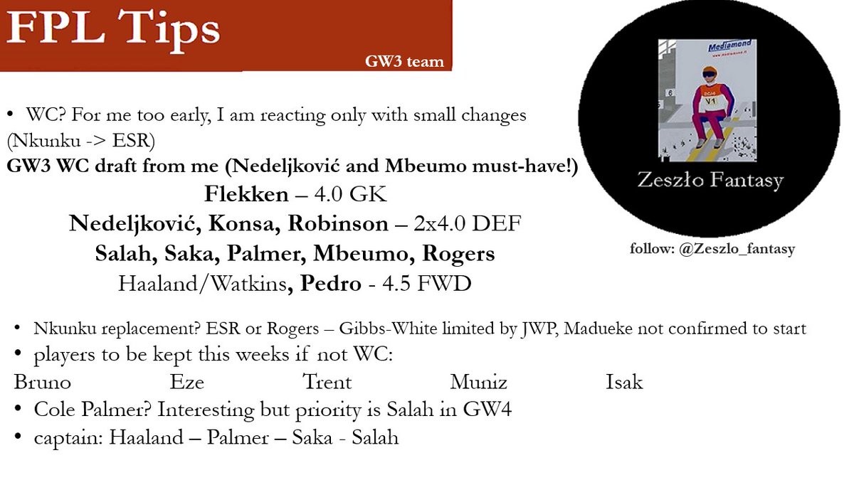Zeszlo_fantasy's tweet image. It&apos;s a time for #GW3 #fpltips.
This week:
- WC GW3 draft
- Nkunku replacement
- who to keep
- Palmer or Salah if not WC
#fpl #FPLcommunity