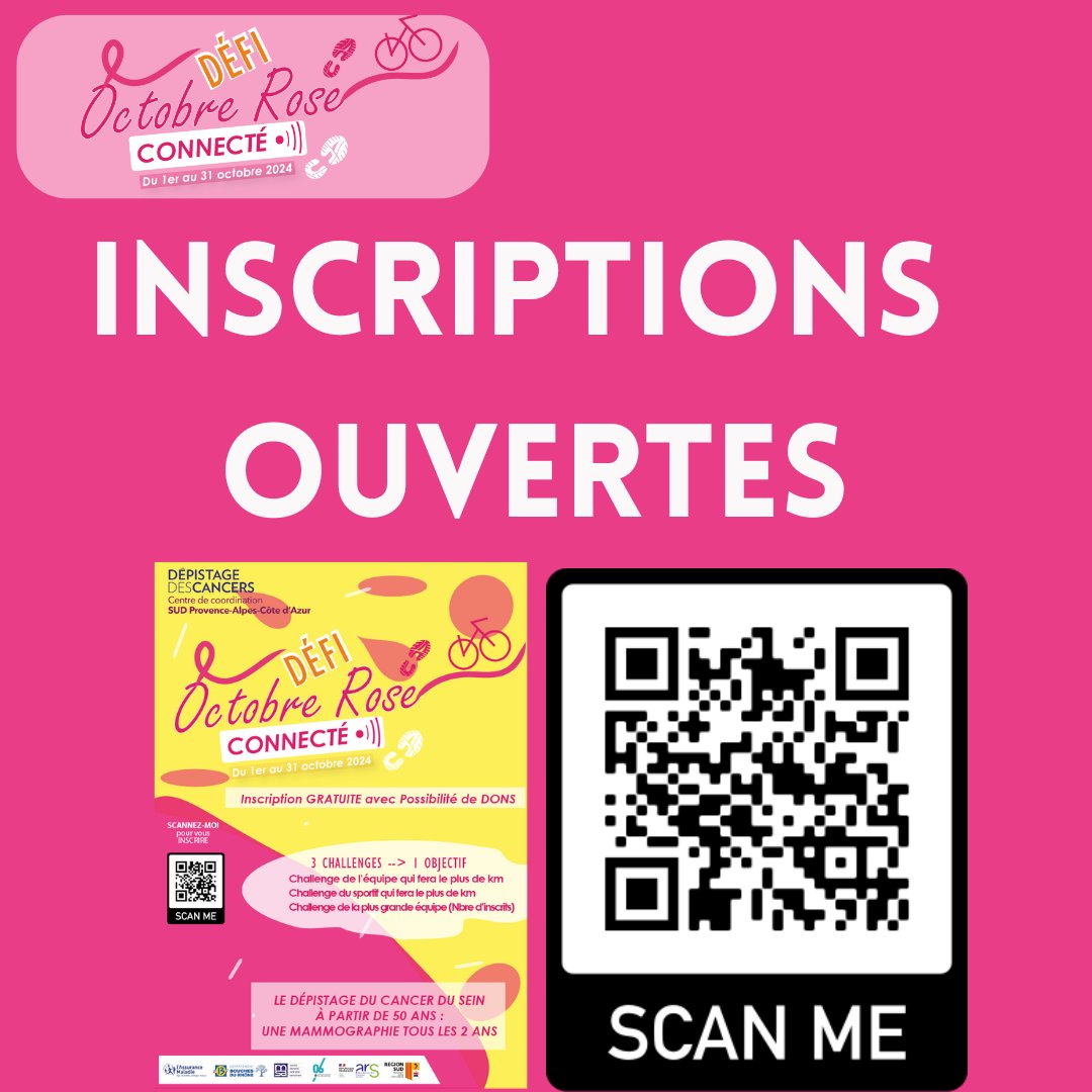 🔔 Les inscriptions pour le DEFI CONNECTE OCTOBRE ROSE 2024 sont ouvertes ✨🤩

octobreroseconnecte.fr

On compte sur vous ❗