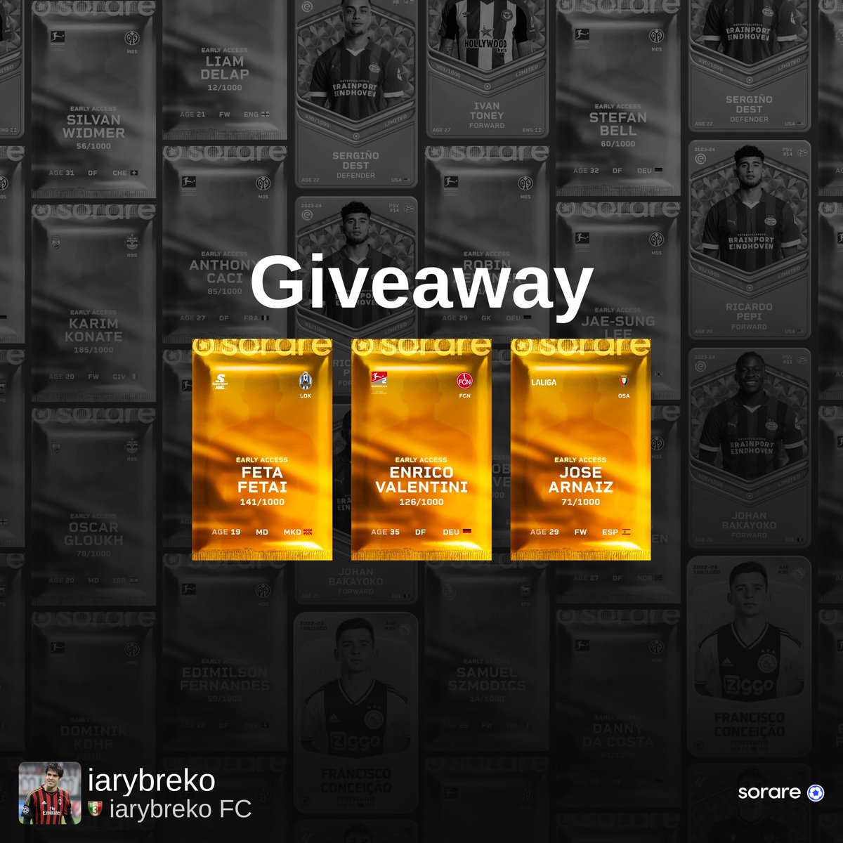 Giveaway time! 🎁

<a href="/Trendemen/">Tren ~ Sorare trader!</a> and I are giving away three in-season limited cards🟡 

To enter:    
- Follow <a href="/iarybreko/">iarybreko</a> &amp; <a href="/Trendemen/">Tren ~ Sorare trader!</a>
- Like and RT  
- Tag two friends  
- Comment your #sorare manager name        

The winner will be announced on September 11th, Good luck!