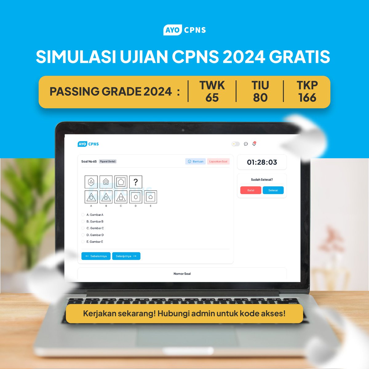 BimbelAyoCPNS's tweet photo. Nih try out gratisan yang bisa kamu kerjakan secara online. Free, ga perlu bayar ✨

Jumlahnya 110 soal SKD meliputi TWK, TIU dan TKP. Waktu mengerjakan 100 menit dengan passing grade TWK 65, TIU 80 dan TKP 166, sesuai PG tahun ini.

Berikut panduannya 👇🏻 https://t.co/sEs6yoX6Ba