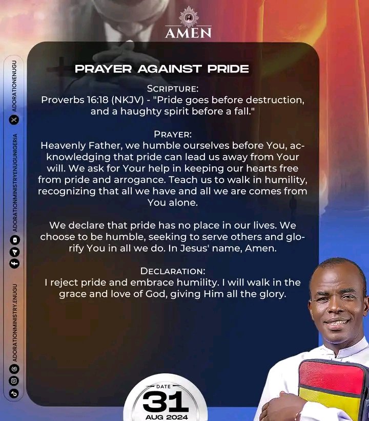 Donseon1's tweet image. Day 13 of our 29-Day Prayer Journey with Rev Fr Ejike Mbaka ☀️: Embracing Humility. Today, we pray against pride, asking God to help us walk in humility and grace. Let’s glorify Him in all we do, giving thanks for His blessings. #Day13 #HumilityAndGrace #WalkingInGodsWill #Adorer
