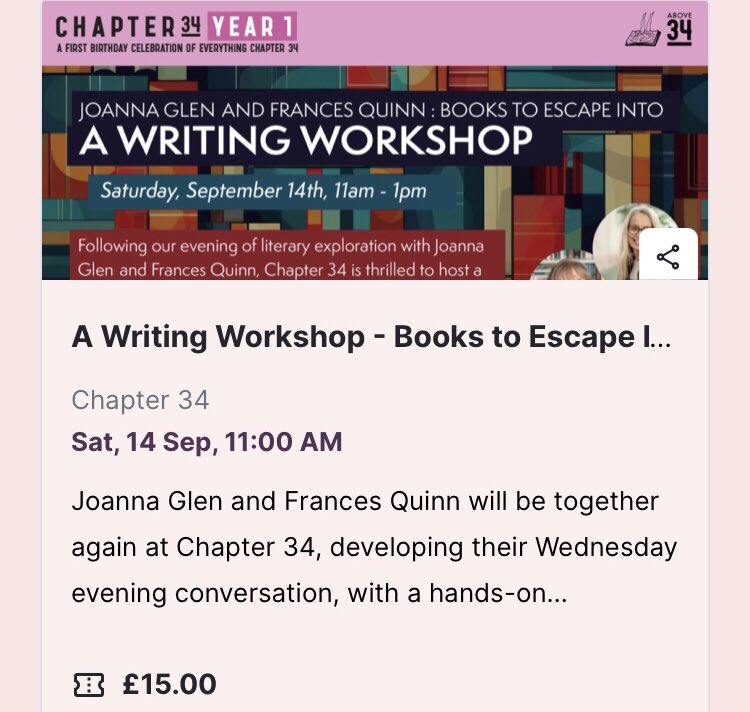 frances quinn (@franquinn) on Twitter photo Working on a book? Join me and <a href="/JoannaGlenBooks/">Joanna Glen</a> for a workshop on creating the settings that will make the world of your book come alive. We’ll have tips, tricks and hands-on exercises to get the words flowing. At Chapter 34 bookshop, Shoreham by Sea chapter34.co.uk/year-1-book-fe… Working on a book? Join me and <a href="/JoannaGlenBooks/">Joanna Glen</a> for a workshop on creating the settings that will make the world of your book come alive. We’ll have tips, tricks and hands-on exercises to get the words flowing. At Chapter 34 bookshop, Shoreham by Sea chapter34.co.uk/year-1-book-fe…