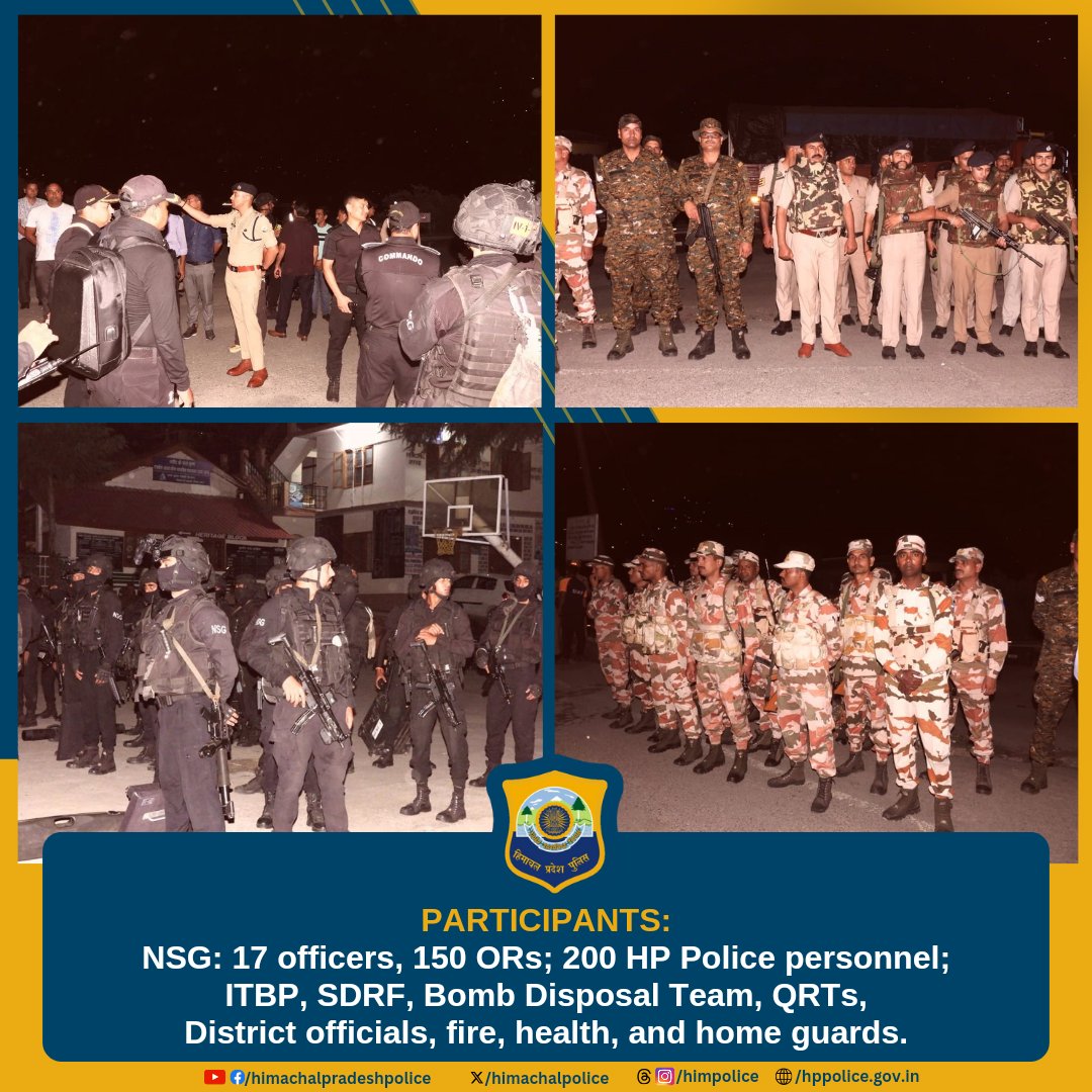 himachalpolice's tweet image. The National Security Guard (NSG), in collaboration with Himachal Police and other state agencies, conducted a joint counter-terror mock exercise in Kullu and Kasol from 28-30 August 2024. 
@nsgblackcats
#LighteningStrike #Kullu #Kasol #Terrorists #Kidnappings #HostageSituations