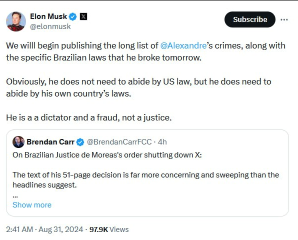 Nuked4Every1's tweet image. Elon Musk says he will "begin publishing the long list of Alexandre de Moraes' crimes" in response to the Supreme Court justice's decision to ban X in Brazil.