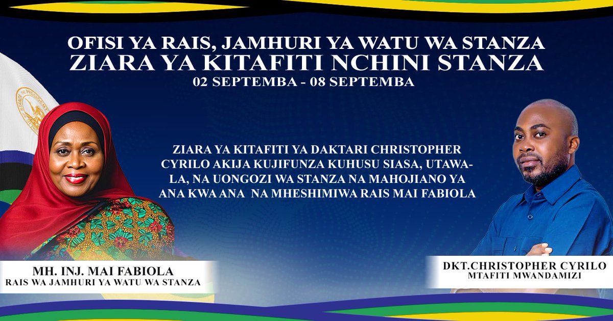 IkuluSTANZA's tweet photo. 📍Peron,Stanza

📢 ZIARA YA KITAFITI

Hii ni kuwataarifu Umma kuwa Mh.Rais  wa Jamhuri ya watu wa Stanza Inj.MAI FABIOLA ameridhia ugeni wa Mtafiti Mwandamizi kutoka Tanzania Dkt
Christopher Cyrilo kuja kujifunza masuala mbalimbali ya siasa,utawala na uongozi.

Vile vile ameridhia kufanya nae mahojiano ya ana kwa ana siku ya tarehe 7 September Ikulu,Peron.

Alpha Wauwau
Mkurugenzi wa Mawasiliano ya Rais,Ikulu.

#KaribuDrCyrilo
#KaribuStanza