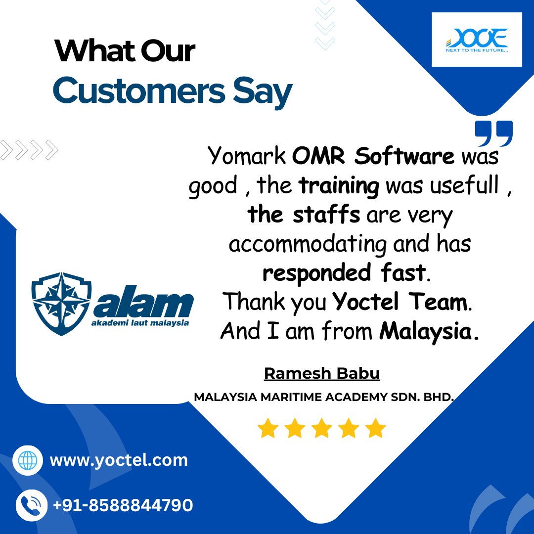 Yoctel_Solution's tweet image. We’re thrilled to share this amazing #testimonial from Malaysia Maritime Academy Sdn. Bhd., who recently purchased our #OMRSoftware! 
Thank you, Ramesh Babu Amathalai, for trusting us and for your kind words. 
yoctel.com/omr-software

#RajatDalal #hamster #HiddenCamera #Yoctel