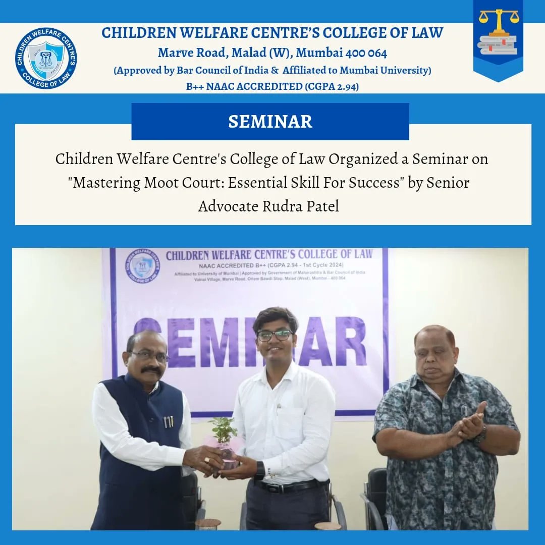 cwc_law's tweet photo. Children Welfare Centre's College Of Law organised seminar on "Mastering Moot Court: Essential Skills for Success" ⚖️By Senior Advocate Rudra Patel .

The session was beneficial for our students ✨⚖️Our students gained invaluable insights 💫✨ https://t.co/v16SU4riyi
