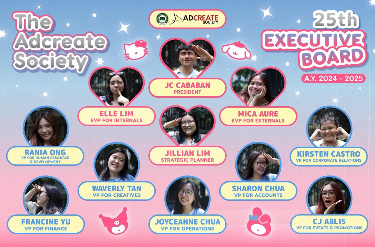 adcreatesociety's tweet photo. The possibilities are endless in this new season for creativity! 💖
Congratulations to our new Executive Board 2024-2025, here’s to a bright and magical journey ahead!💫

Poster &amp; Copy by Sotea Ko https://t.co/N18Ui0DZRL
