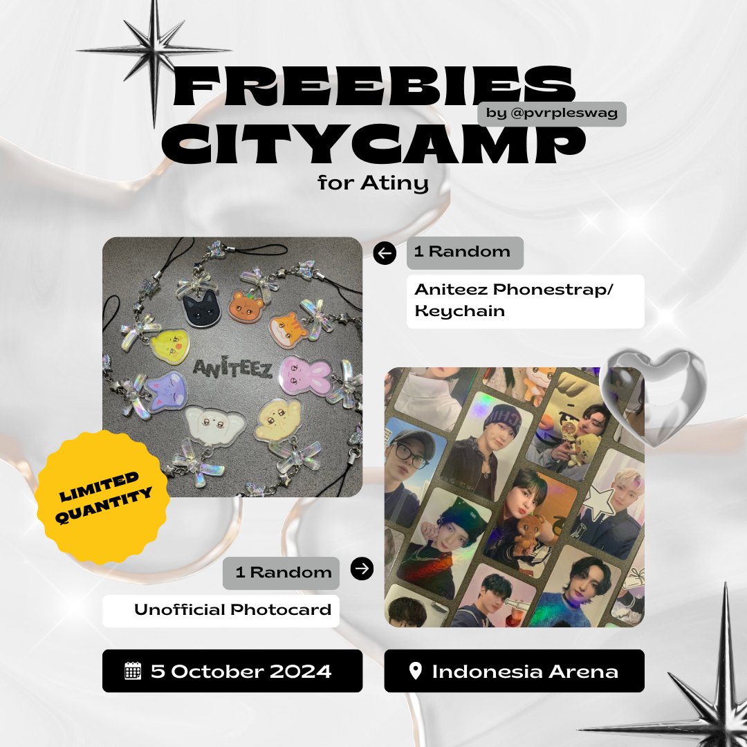 pvrpleswag's tweet photo. ✦ ATEEZ Freebies for CITYCAMP 2024 ✦
by @pvrpleswag

📍 Indonesia Arena, 5th Oct 2024 
🕛 TBA

✦ Limited quantity
✦ RT and LIKES are very appreciated
✦ More details on pict

Let’s be moots and see you, ATINY! ♡
#CityCamp2024
#ATEEZinCityCamp2024
#ATEEZ https://t.co/AkCqzdtTcO