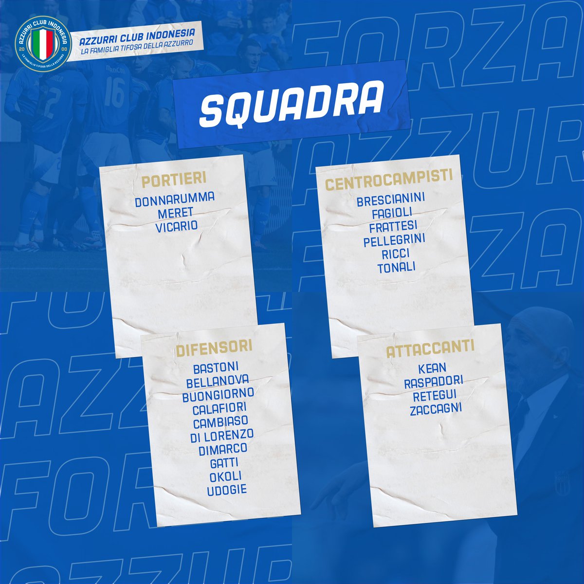 AzzurriInd's tweet photo. Resmi Spalletti umumkan 23 pemain untuk berlaga di ajang Nations League. 

Gli Azzurri akan menghadapi Prancis pada 7 September &amp; Israel pada 10 September.

#NationsLeague #ForzaAzzurri #VivoAzzurro https://t.co/BQDsFd8eyj