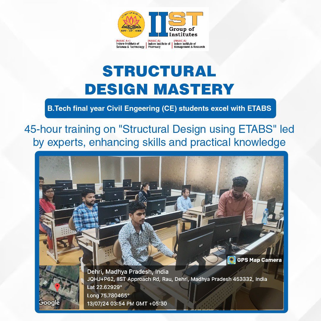 IISTIndore's tweet photo. Our final year #BTech Civil Engineering students have successfully completed a 45-hour intensive training on “Structural Design using #ETABS,” honing their skills and deepening their practical knowledge. 
📍 Location: IIST, Indore, Madhya Pradesh
🗓️ Date: 13/07/24 https://t.co/xZFFzwxhat