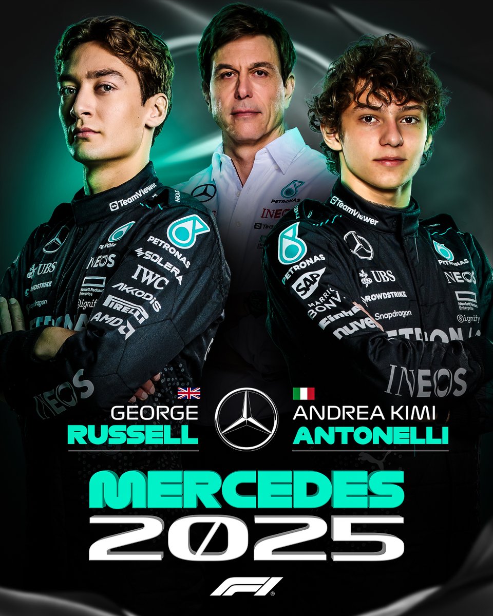 F1's tweet image. Russell. Antonelli. 2025. 🔥

#F1 @MercedesAMGF1