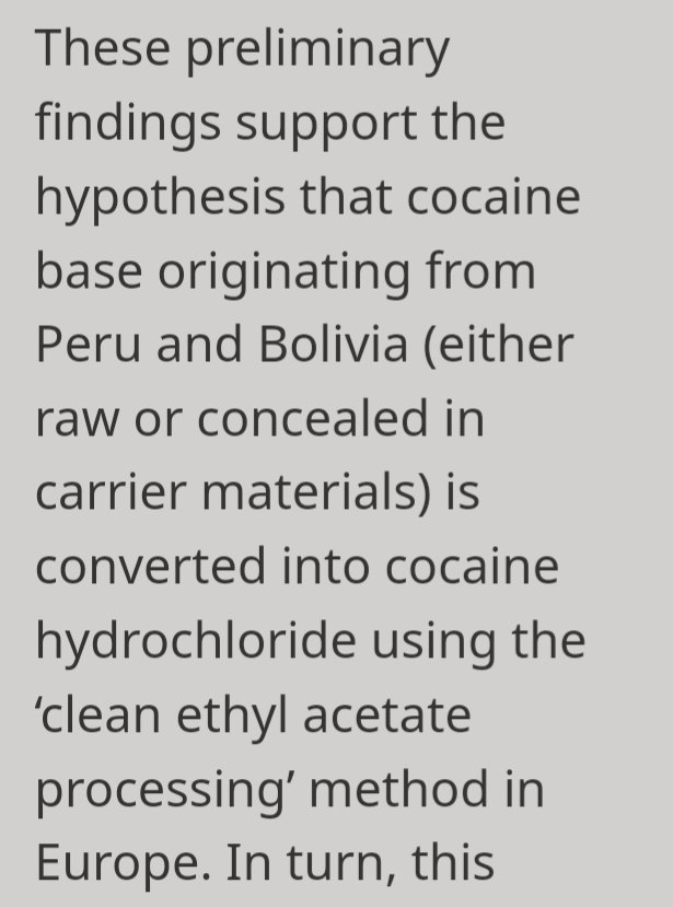 Joshitea's tweet image. So it turns out that:

1) EUDA can guess the country of origin of cocaine through chemical analysis

2) There is a strong hypothesis that cocaine in Europe of Peruvian or Bolivian origin is being processed from paste within Europe...