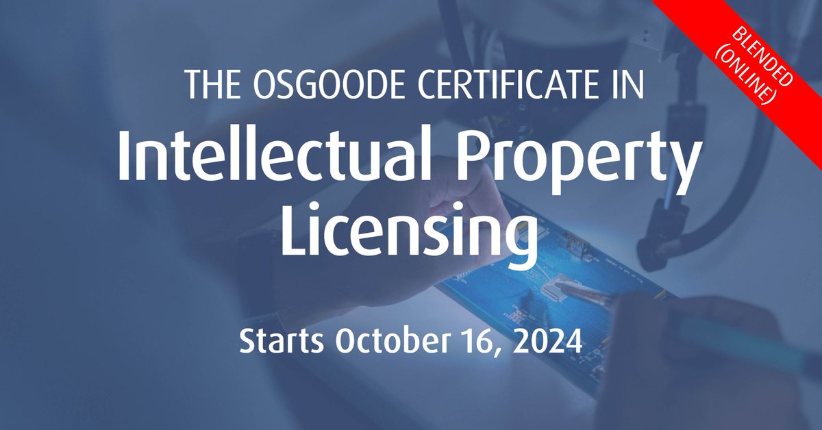 Over four intensive days starting October 16, an expert faculty will provide practical, hands-on training to teach you what you need to know about licensing different types of #intellectualproperty: osgoodepd.ca/professional-d…