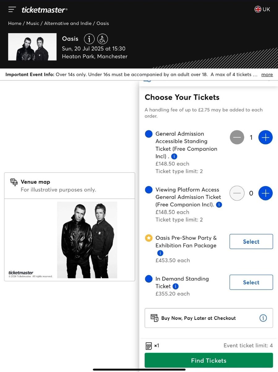 Leod_UK's tweet photo. @oasis And why have you allowed Ticketmaster to raise the prices of standard standing tickets by £200?? Clearly the fans aren't important to you........the fact that you started standing tickets at £148.50 was shocking. https://t.co/gQOwuWbka5
