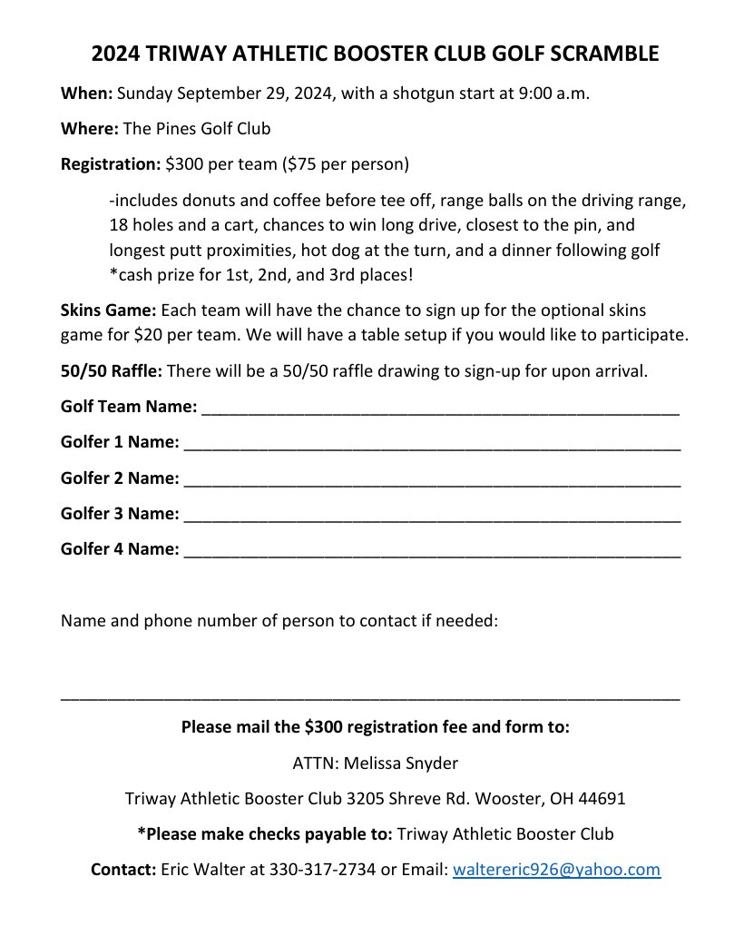 Our annual Golf Scramble is Sunday, September 29, at The Pines. Download and complete the attached image to register!