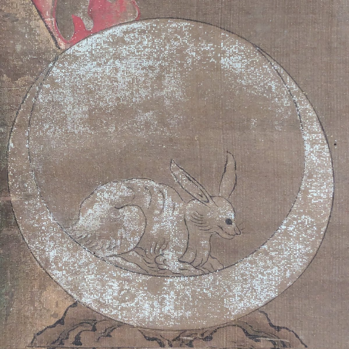 月天日天. Moon and Sun deities. 15th cent. Japan. Note that the three-legged crow 🐦‍⬛ in the Sun and hare 🐇 in the Moon are Chinese features. Humboldt Forum.