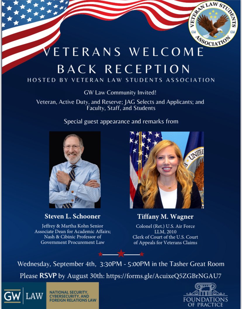 gwlawnatsec's tweet image. Attention all @gwlaw #veterans! Be sure to attend our Veterans Welcome Back Reception — Wednesday, September 4th, 3:30PM - 5:00PM in the Tasher Great Room! No reflective belts required!