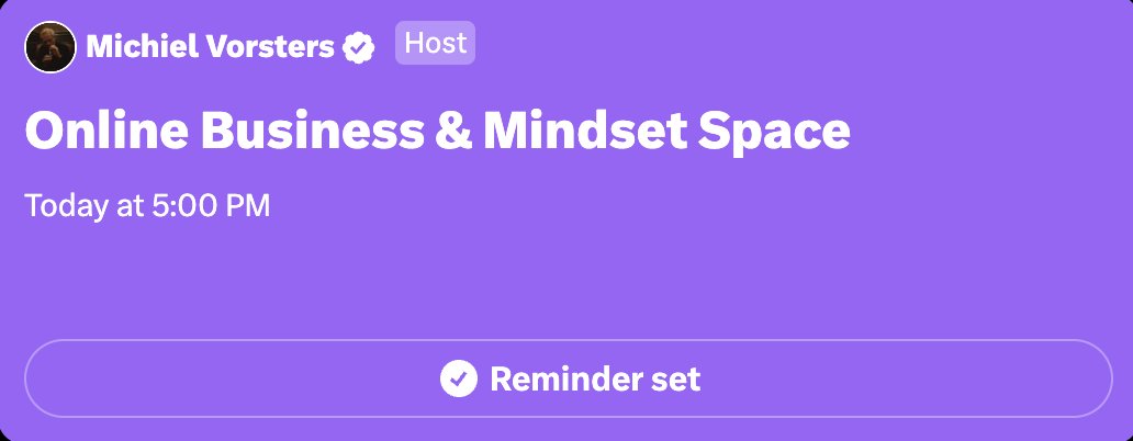 🔥 Today at 5pm CEST I'll be speaking on my first X space 🔥

Talking about Business and Mindset

Set your reminders, see you in 2 hours and 38min ⚡️⚡️

x.com/VorstersX/stat…