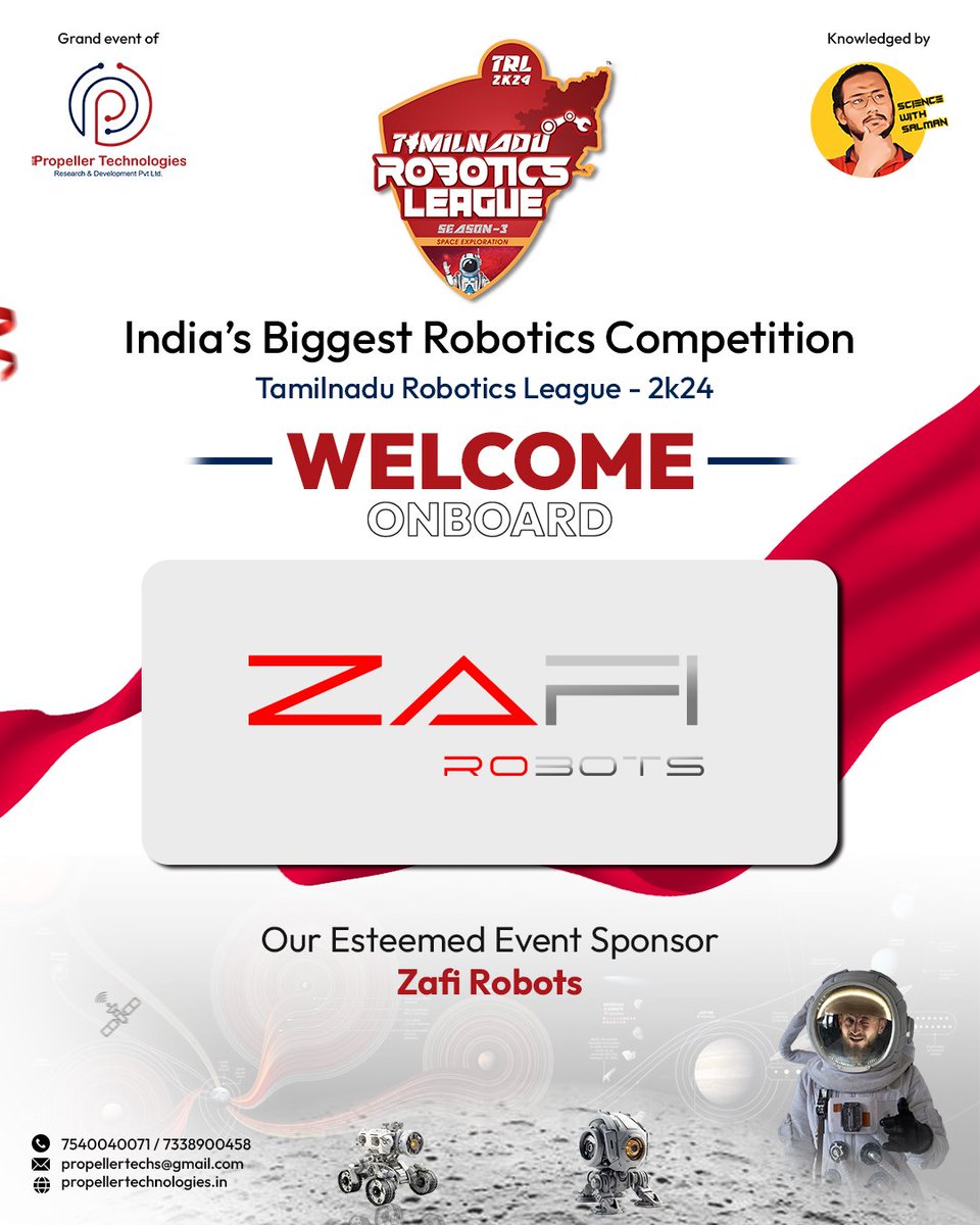 propellertechs's tweet image. 🎉 Welcome Onboard, Zafi Robots! 🎉
We are thrilled to announce Zafi Robots as an esteemed event sponsor for the Tamilnadu Robotics League (TRL) 2k24, India’s biggest robotics competition.😍
#trl2024 #zafirobots #roboticscompetition #tamilnaduroboticsleague #propellertechnologies