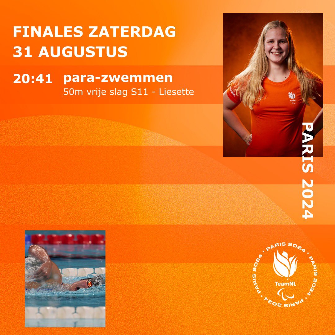 Vanavond zwemt Liesette Bruinsma haar finale 50m vrije slag S11 💪

👉Kijk mee via de NOS of via YouTube Paralympics

#paris2024 #SamenSterker #TeamNLparazwemmen