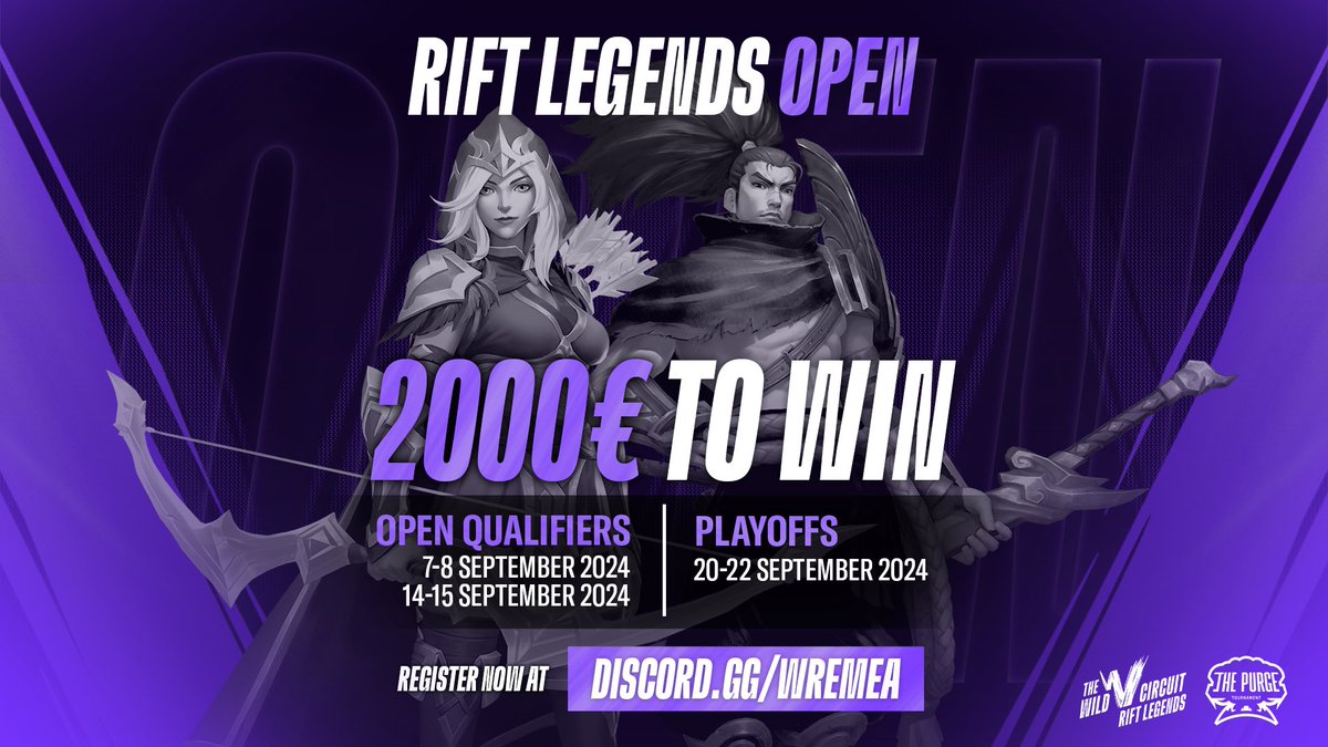 The #RiftLegends Open is just around the corner! 💥

🗓️ Sep. 7 - Sep. 22
💸 2000€ to win
⚔️ Open Qualifiers &amp; Playoffs
📝 Register now: discord.gg/wremea

Sign up now and show your #WildRift skills! 🌟