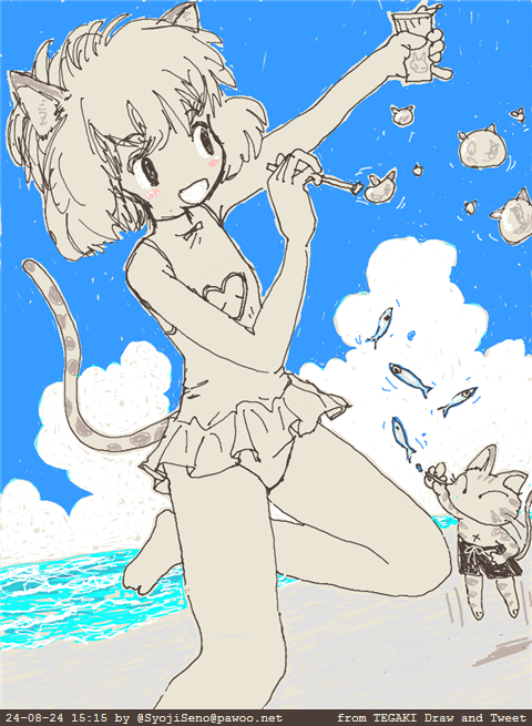 #今月描いた絵を晒そう
・『猫の手はチュール1本』
・「オメー、どう見ても人魚じゃなくヒグマにしか見えねーよ。」
・「どこかから呼ぶ声がする」
・「猫麻呂印のニャボン玉だニャーン♪」
#tegaki_dt