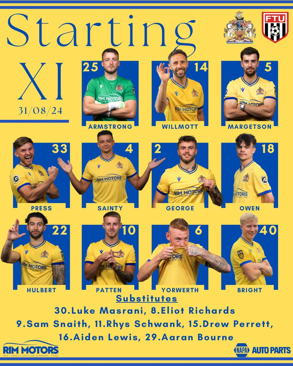 Your Starting XI this afternoon🫡

Josh Yorwerth climbs back into the XI💪

Aaran Bourne appears on the bench for the first time🤩

Liam Armstrong present in the Town goal🙌

#YourTownYourTeam💛💙