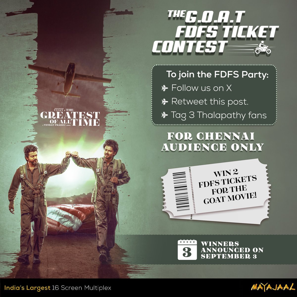 Calling all die-hard Vijay fans in Chennai! Here’s your chance to win big. 🎉

Ready to show your fandom? Let's GOat! 🔥 

#GetGOATifiedatMayajaal #GOATatMayajaal #GOATFDFS #Mayajaal #TheGreatestOfAllTime #ThalapathyVijay #ThalapathyIsTheGOAT #Thalapathy #GOATfromSep5
