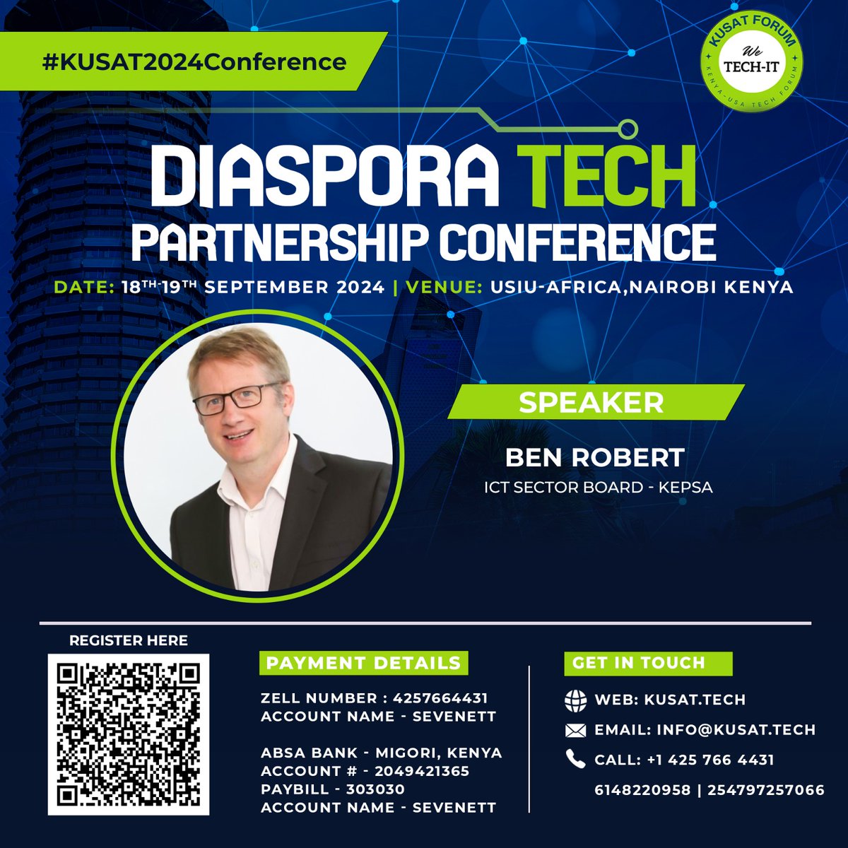 KusatForum's tweet photo. We are honored to have Ben Roberts as a speaker at the Diaspora Tech Partnership Conference. A key player in the tech industry across Kenya and Africa, Ben will share his extensive experience in building a strong tech ecosystem.

#KUSAT2024Conference 
#KonzaTechnopolis 
#Qhala https://t.co/ZRccsfrf8c