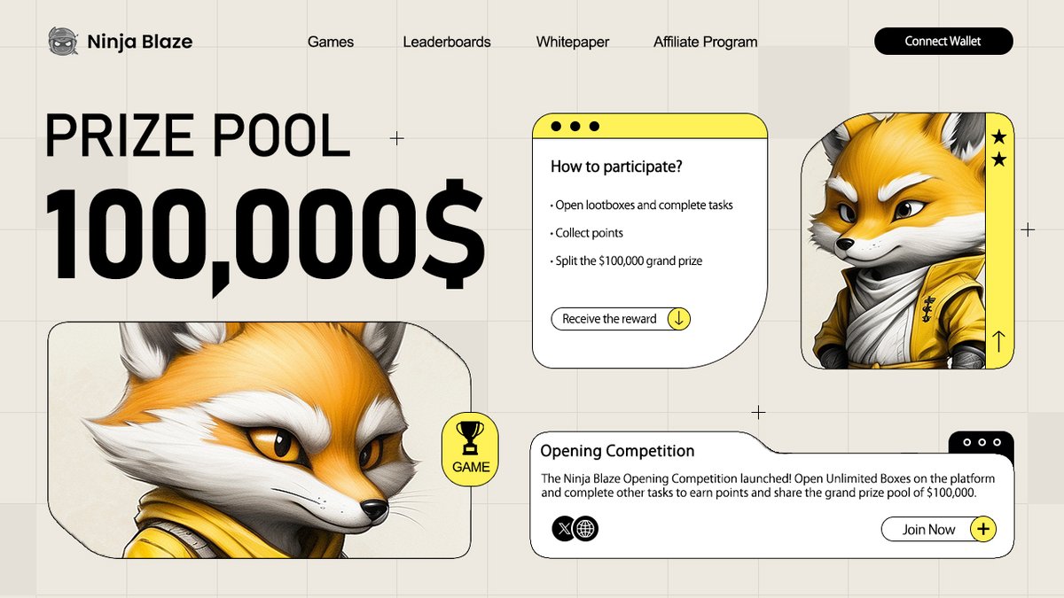 Opening Competition: share the $100,000 pool🔥

<a href="/NinjaBlazeApp/">Ninja Blaze</a>  launches a competition where we will have to complete various quests and get points for it. At the end of the competition, a grand prize will be distributed

Start Date: September 2, 2024

<a href="/injective/">Injective 🥷</a>  $INJ $NBZ
