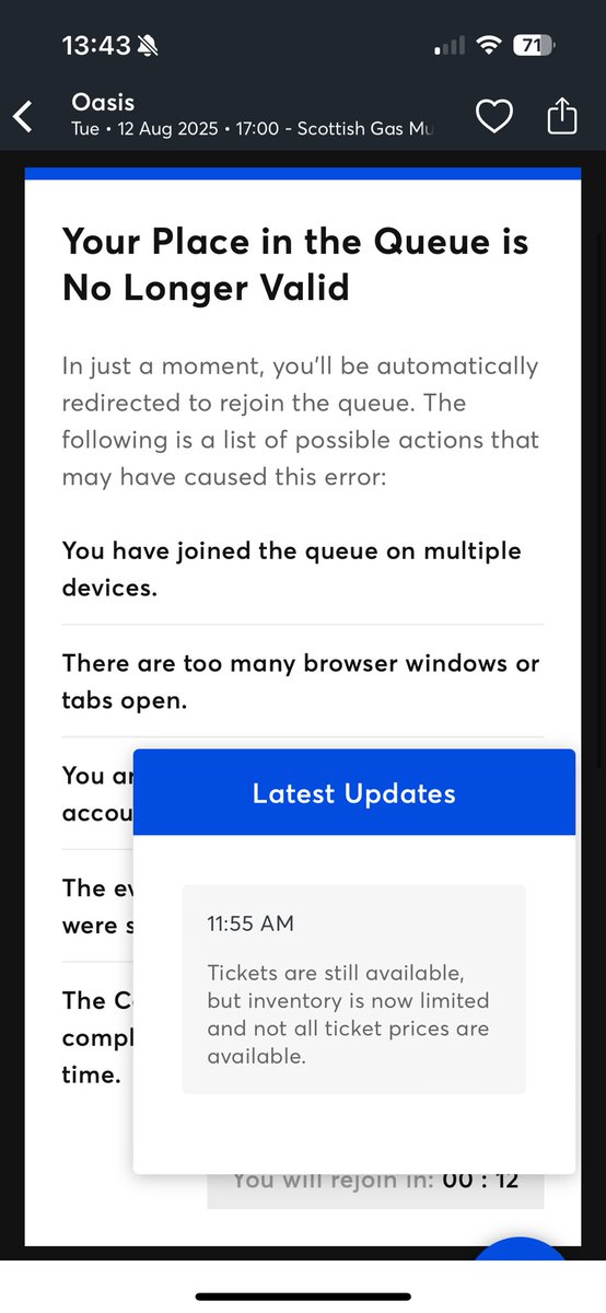 jakesey87's tweet photo. @TicketmasterUK absolute shambles got to passed the queue finally had two Edinburgh tickets and I get the below. Now 300000th in queue….. please explain. @oasis this is a shambles https://t.co/6Xa6cdGZPK