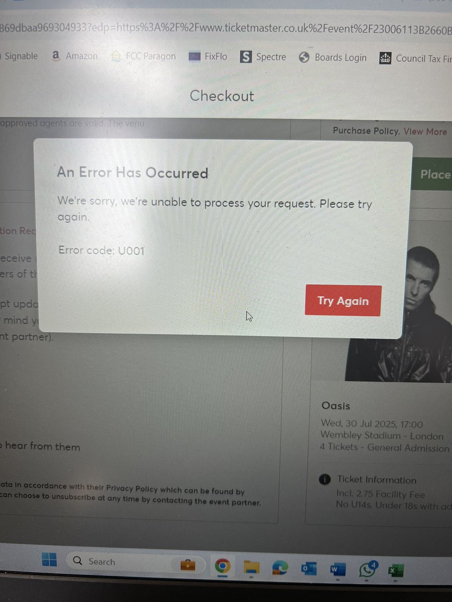 Get through the queue, find tickets, place order then get this and chucked back out. Shambles. #oasis #ticketmaster