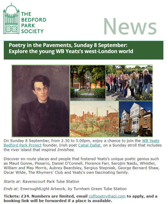 YeatsBedfordPk's tweet photo. Thanks🙏to @BedfordParkSoc for featuring next Sunday afternoon's @YeatsBedfordPk literary walk around #Yeats's inspirational boyhood London neighbourhood, the uniquely progressive artist's colony of🌻#BedfordPk🌻Do join us if you're free. Booking now, see https://t.co/eG05JHIM2N https://t.co/mxR1suBRKu