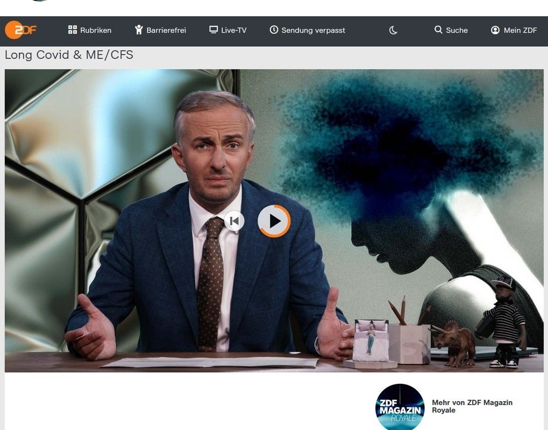 "Chronisch krank, aber niemand glaubt Dir?"
 20 Minuten zum Thema #LongCovid &amp; #MECFS
#unbedingtanschauen

Danke 🤝 an <a href="/janboehm/">🚫⛔️jAaj Bä¶Ã¶l&&rma!nN 💩</a> / <a href="/zdfmagazin/">ZDF Magazin Royale</a> / <a href="/ZDF/">ZDF</a>.

👀 ➡️ zdf.de/comedy/zdf-mag…
(Beginn bei MInute 10:45)

#Frauenticket
#Kleinschnitz
#Augstein
<a href="/BMG_Bund/">Bundesgesundheitsministerium</a>
<a href="/NatureMedicine/">Nature Medicine</a>