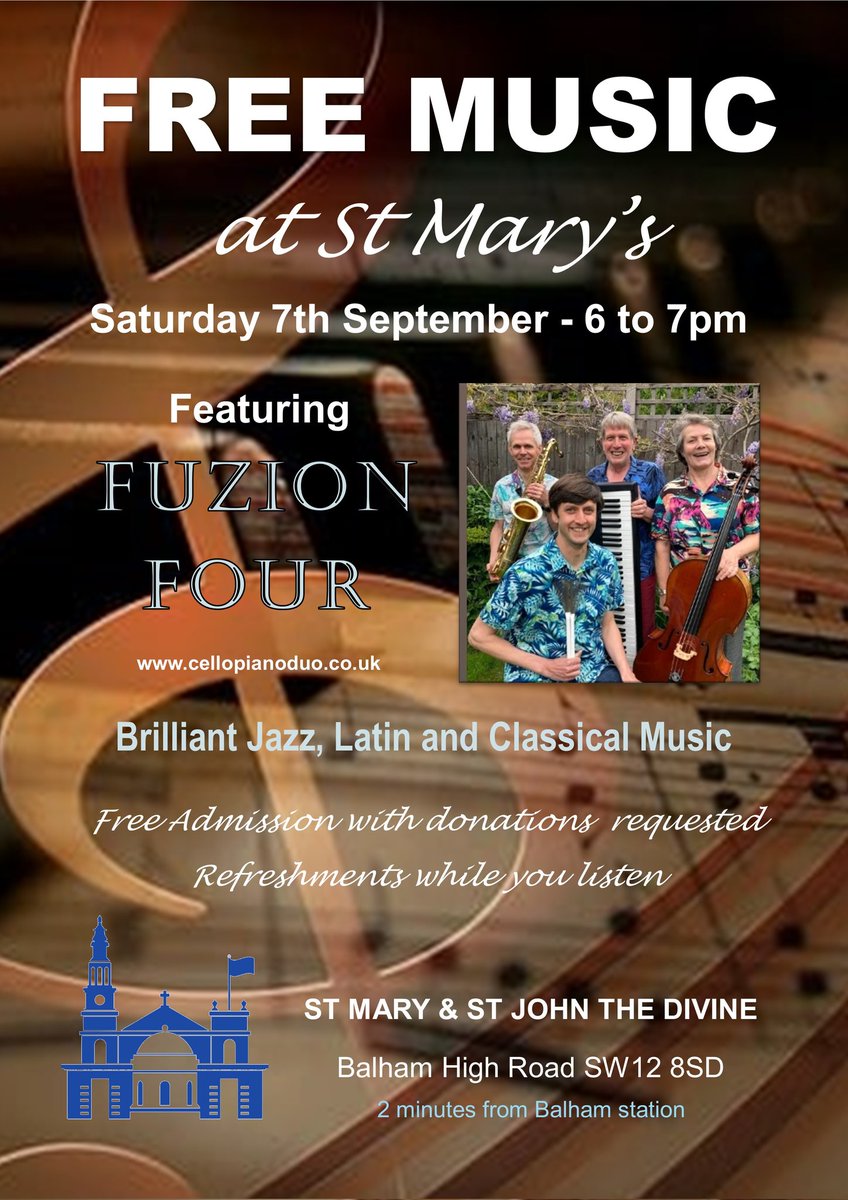 FuzionFour's tweet photo. @FuzionFour excited about our upcoming gig on Saturday September 7th 6-7pm at St. Mary's church Balham @allsaintssw17 @balhamnewsie @FurzedownFACE @WAFfringe @tootingnewsie @LondonJazz https://t.co/3FZ3hHi34a
