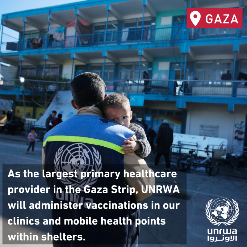 UNRWA's tweet photo. Starting tomorrow, @UNRWA staff and partners will roll out one of the most complex vaccination campaigns in the world.

Over 640,000 children in #Gaza will be provided with a polio vaccine in clinics, health points and shelters.

Now is the time to prioritise children's health.