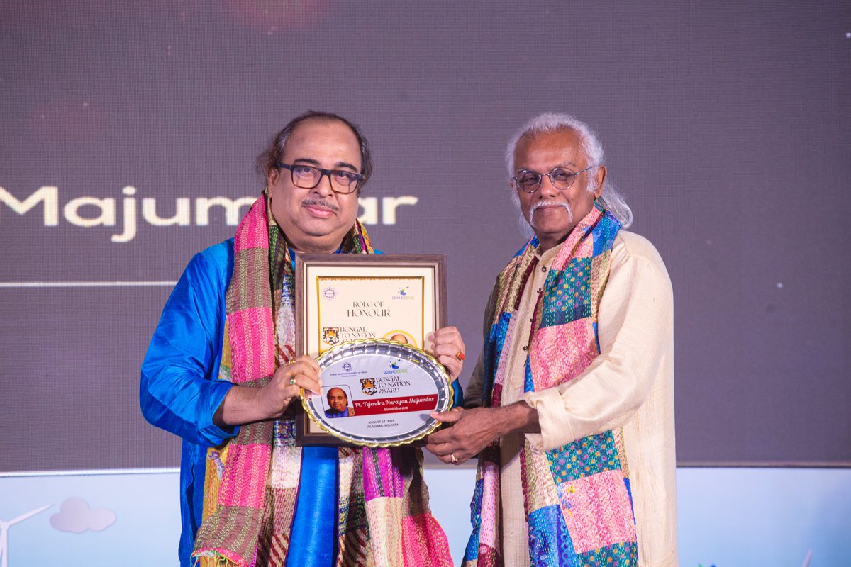 Pt. Tejendra Narayan Majumdar, Sarod Maestro, received the prestigious Bengal to Nation Award for Musical Brilliance from Pt. Tarun Bhattacharya at the BrandEdge 2024 event. This distinguished recognition celebrates his exceptional contributions to the world of music.