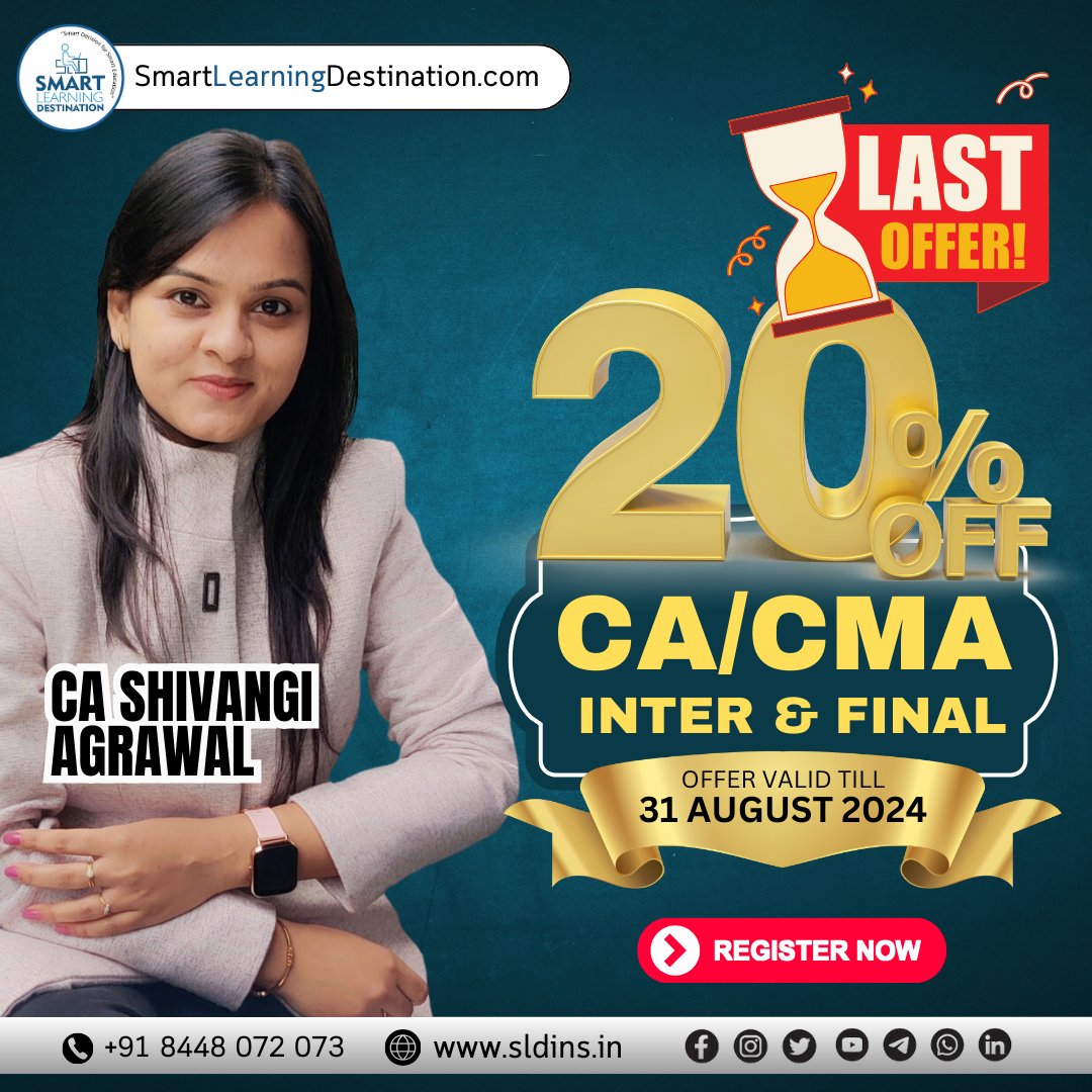 SLDINSLECTURE's tweet image. Last Day Today 
Get 20% off on CA Shivangi Agrawal Courses
☎️ Enquiry Call - 8448072073
📱 WhatsApp - 9179777 7788
| On-Time Free Delivery |
| Lowest Price |
| Genuine Product |
| Secure Payment |
| Best After Sell Support |
| Serving Since 2016 |