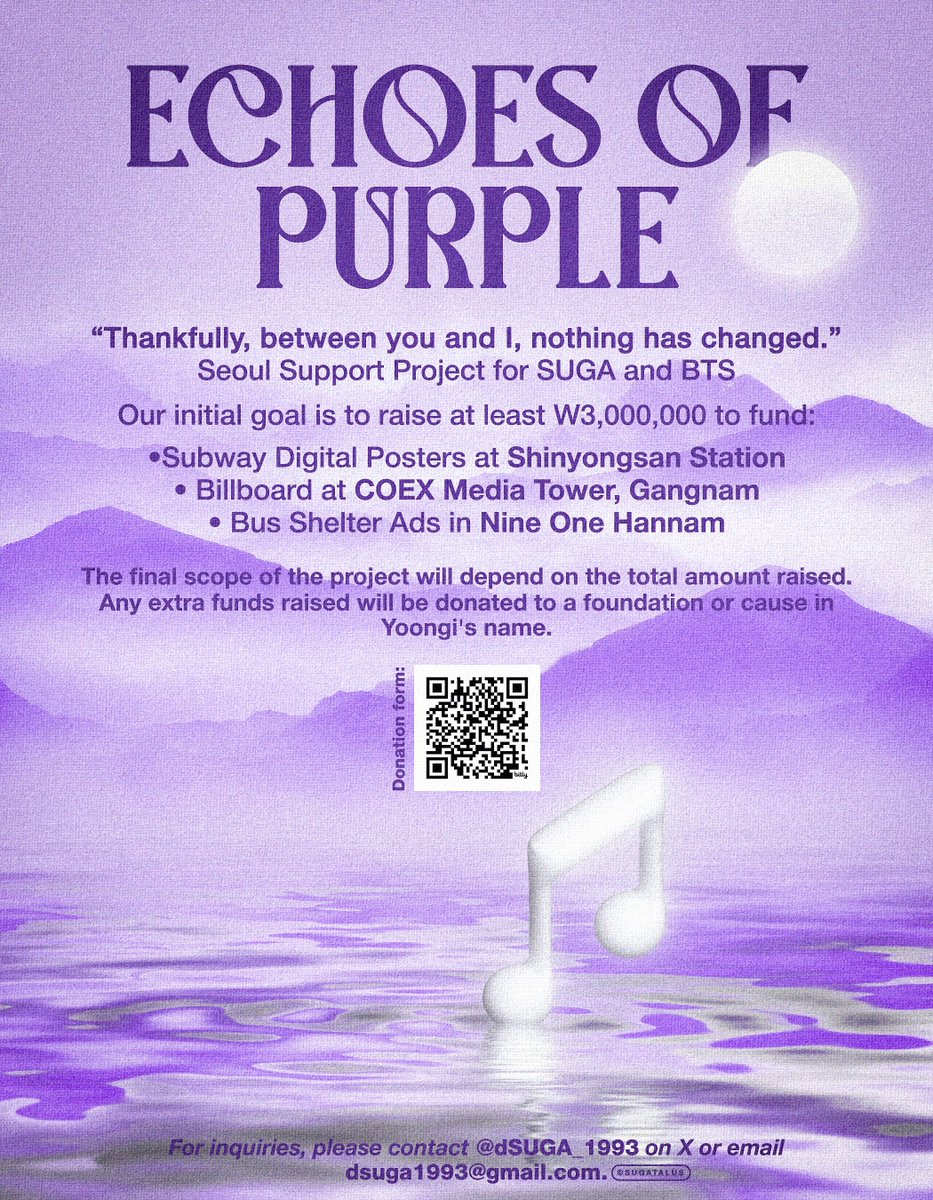 📢 ARMY!

It's more important than ever to show our unwavering love and solidarity for Yoongi and BTS. 🙏🏼

The #EchoesOfPurpleProject is a heartfelt initiative aimed at visibly expressing our support throughout Seoul.

Your contribution, whether big or small, is vital to this