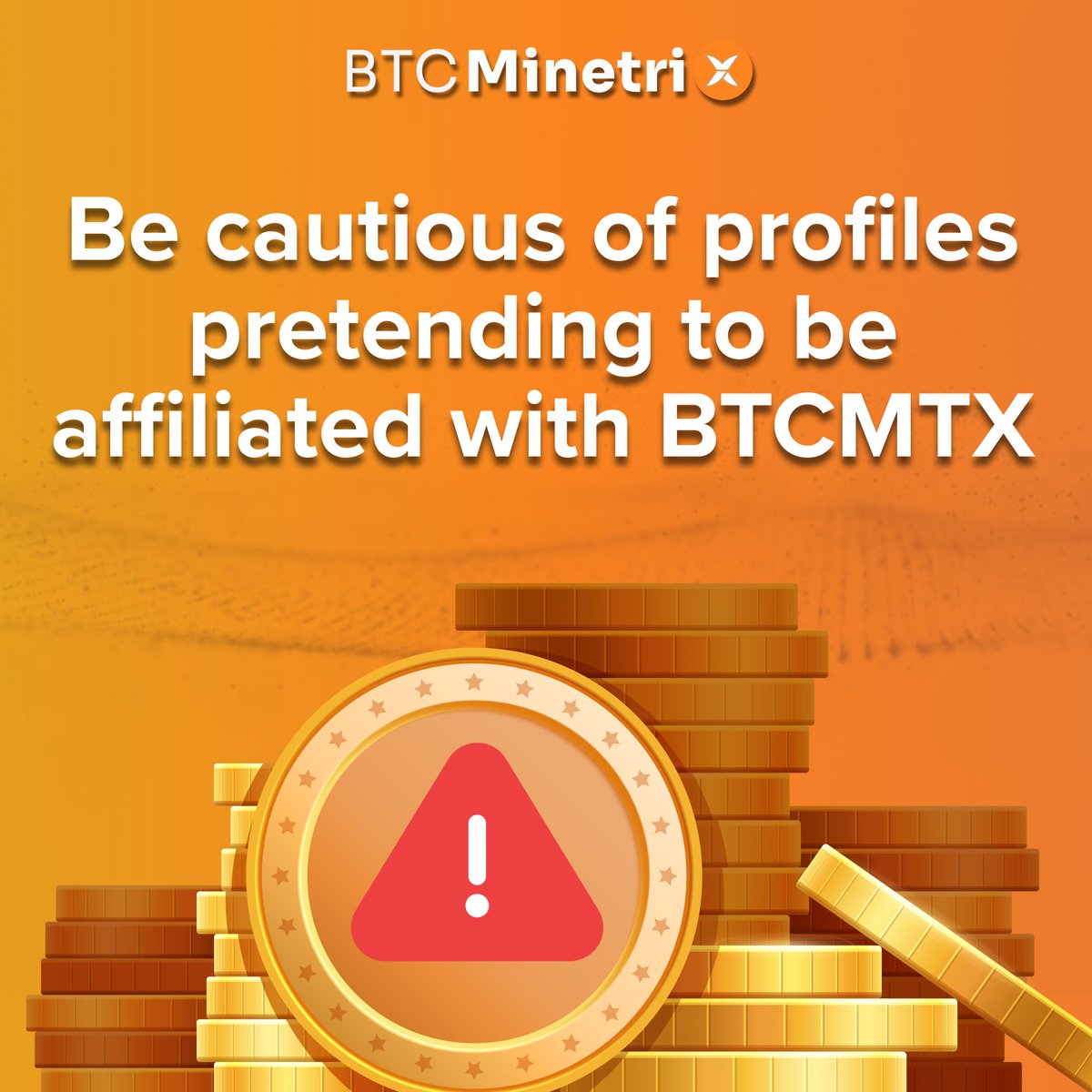 bitcoinminetrix's tweet photo. Stay vigilant about possible #BTCMTX scams! β
We won't initiate contact with you.
Be cautious of profiles pretending to be 'Official', 'Support', 'Assistance', or 'Help'.
Immediately report and block these accounts. Stay protected! πβ οΈ https://t.co/vEtQucGNNZ
